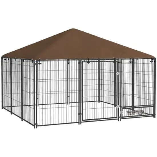 PawHut Outdoor Dog Kennel, Puppy Play Pen with Canopy Garden Playpen Fence Crate Enclosure Cage Rotating Bowl, Black image {7}