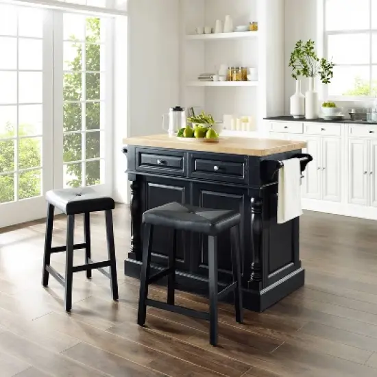 Oxford Kitchen Island with 2 Upholstered Saddle Stools Black - Crosley image {3}