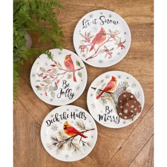 C&F Home 6" x 6" Holiday Sentiment Dolomite Round Dessert Plates Featuring Red Cardinals on Tree Branches Set Of 4 image {3}
