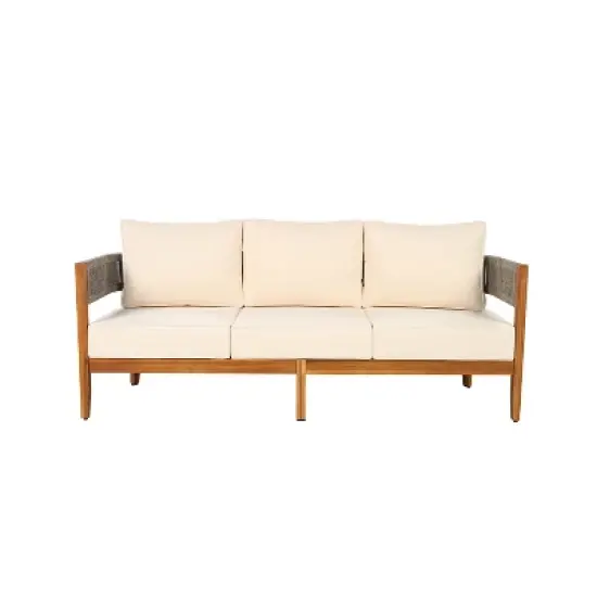 Christopher Knight Home Robin 76" Patio Rustic Rope Weave Acacia Wood 3-Seater Sofa with Cushions image {3}