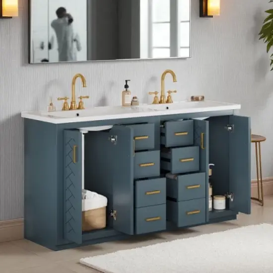 Mshliw 60 Inch Double Bathroom Vanity with Ceramic Sink Combo, Modern Freestanding Cabinet with 6 Drawers and 4 Soft Close Doors, Solid Wood Frame image {13}