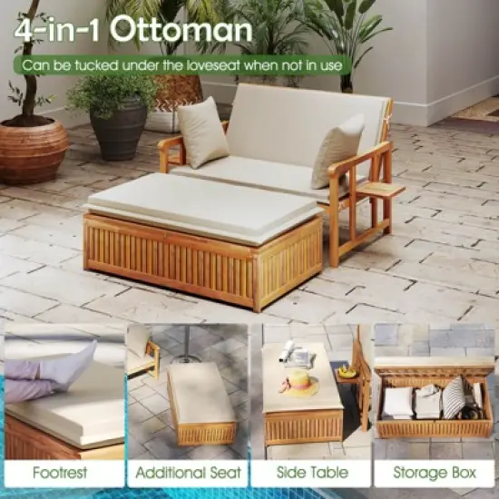 Costway Outdoor Wooden Daybed with 4-Level Backrest & Removable Cushions for Poolside image {7}