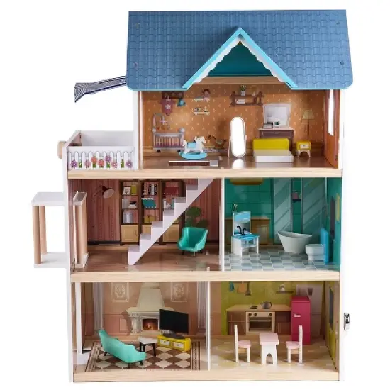 Hape Little Room Pretend Play 3 Story Wooden Doll House w/ Light, Doorbell, & Bedroom, Bathroom, Living Room, & Dining Furniture for Kids Age 3 and Up image {1}
