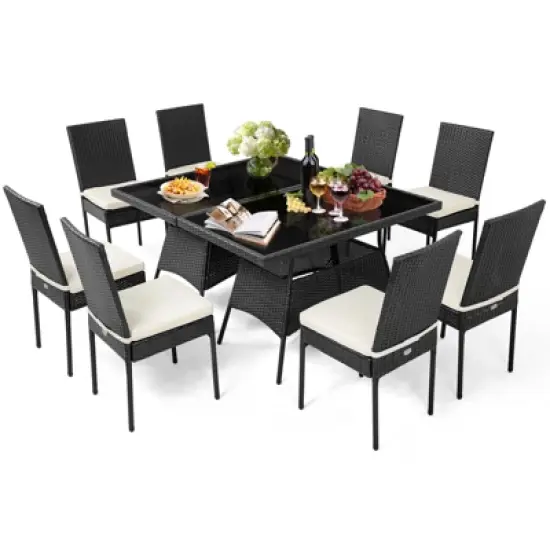 Tangkula 10PCS Rattan Dining Set Cushioned Chair Table w/ Glass Top Furniture Patio image {1}