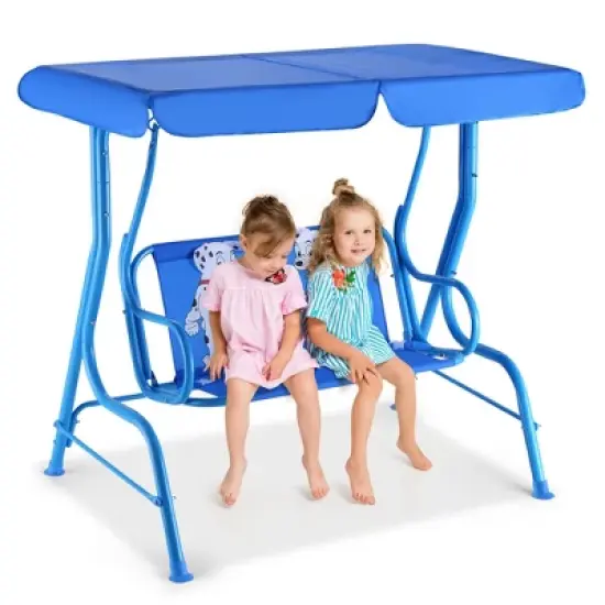 Tangkula Kids Patio Porch Bench Swing w/ Safety Belt Canopy Outdoor Furniture Blue image {10}
