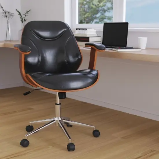Merrick Lane Mid-Back Ergonomic Office Chair Executive Swivel Bentwood Frame Desk Chair in Black Faux Leather image {5}