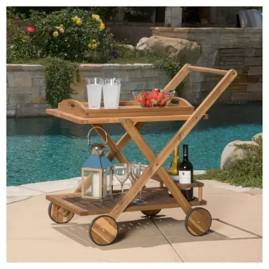 Riviera Acacia Wood Patio Bar Cart With Tray - Natural - Christopher Knight Home image {1}