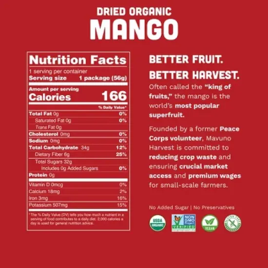 Mavuno Harvest Organic Dried Mango Fruit Snacks, a Vegan & Gluten Free Healthy Snack with No Preservatives or Added Sugars image {4}