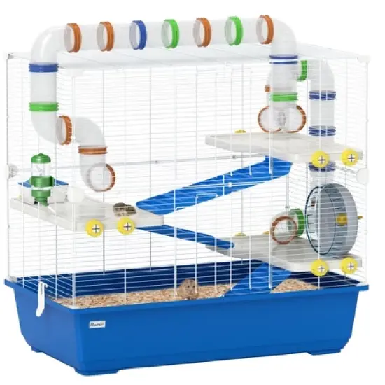 PawHut Hamster Cage, 4 Tier Small Animal Cage Rat Cage with Tunnel Tube System, Hut, Exercise Wheel, Water Bottle, Food Dish, for Syrian, Gerbil, Blue image {6}