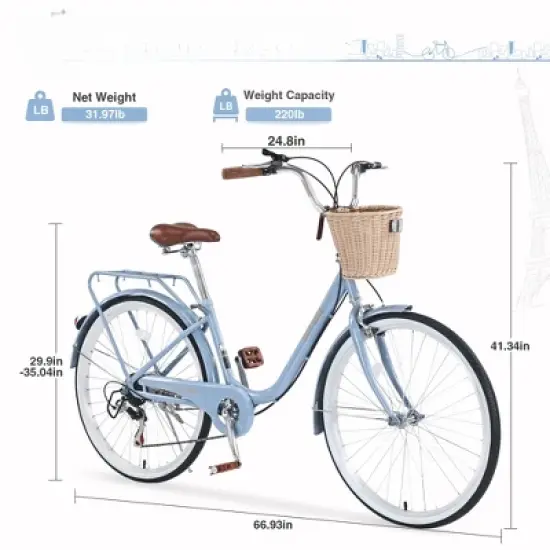 INFURNIC Bicycles, 26 Inch Ladies Bicycle with Basket, Commute Bicycle Women Ladies, Blue, 66.93"*24.8"*41.34" image {1}