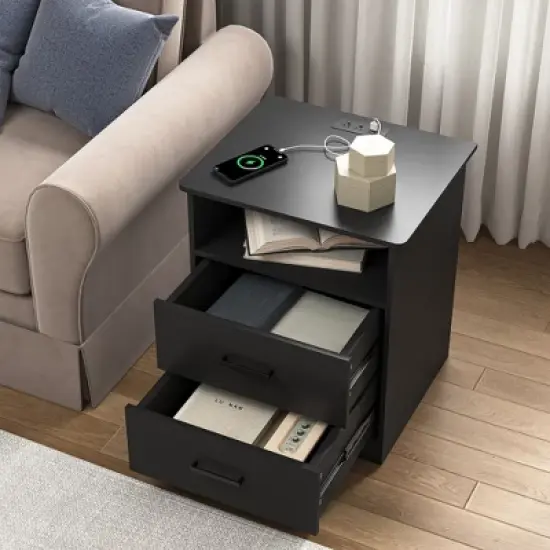 Resenkos Wood Nightstand With Charging Station, Bedside Table With 2 Drawers, Night Stand With Storage For Bedroom, image {4}