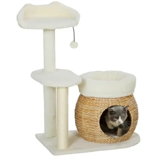 PawHut 31" Cat Tree Tower with Sisal Scratching Posts, Cat Condo, Cat Beds, Platform and Toy Ball, Cat Activity Center for Indoor Cats, Cream White image {6}