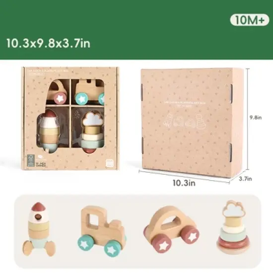 Freniland&trade; - Wooden Stacking Rocket & Vehicles Toy Set, 4 Piece Developmental Gift Box for 10M+ Toddlers image {2}