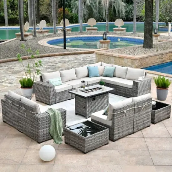 Marlton 13pc Wicker Outdoor Patio Furniture Set Conversation Sofa Set with a Rectangle Fire Pit and Cushions image {13}