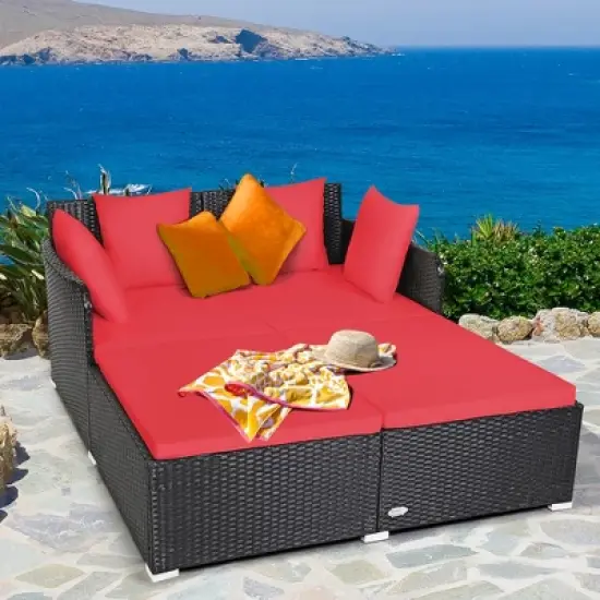 Costway Outdoor Patio Rattan Daybed Pillows Cushioned Sofa Furniture Beige/Turquoise/Red/Black image {10}