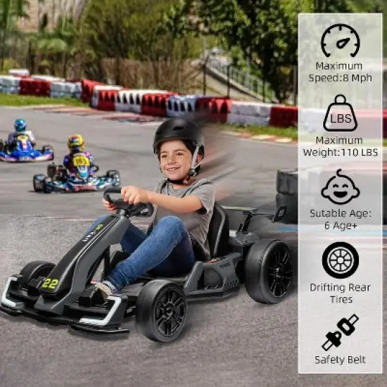 24V Kids Electric Drift Go-Kart, Adjustable Seat, 4 Speed Modes, LED Lights, Music & Horn, Battery-Powered Ride-On for Ages 6-12, Grey image {3}