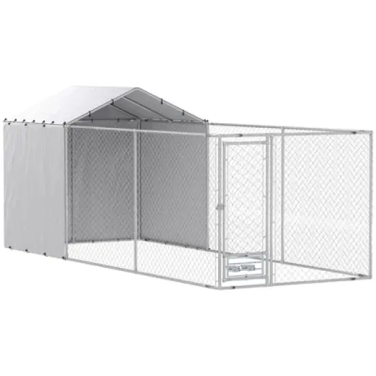 PawHut Large Outdoor Dog Kennel, Chain Link Dog Kennel Outside with Weather Resistant Cover, Rotating Bowls Door, for M&L Dogs image {7}