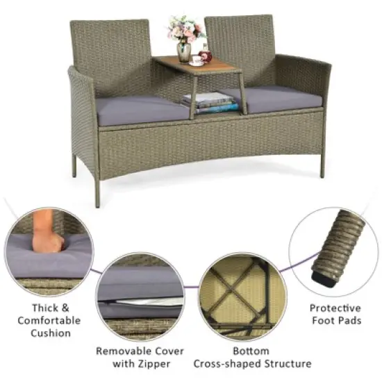 Tangkula Outdoor Patio Rattan Loveseat Sofa Double Conversation Set w/Cushion & Built-in Table image {7}