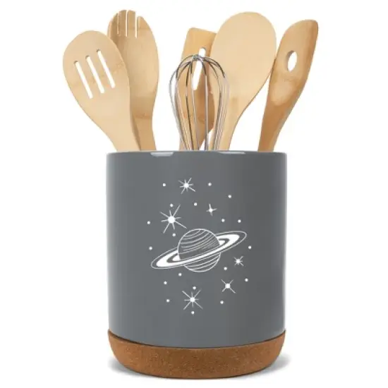 Elanze Designs 8 inch Galactic Stars and Planet Large Ceramic Kitchen Utensil Holder Gray and White Crock with Cork Base image {5}