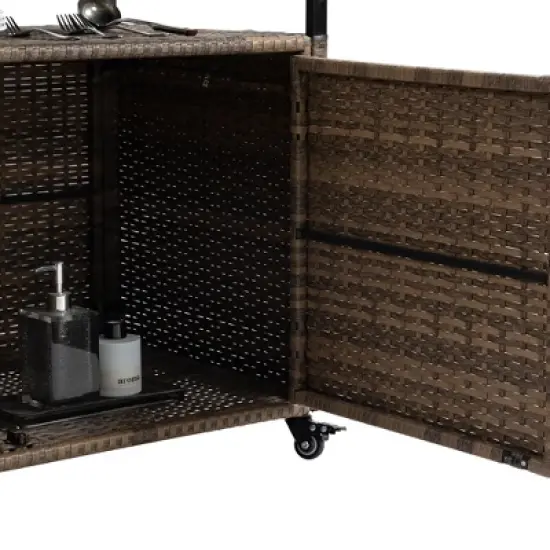 MOEPISY Outdoor Wicker Serving Carts, Patio Serving Cart with Wheels, Rolling Rattan Beverage Bar Counter Table image {9}