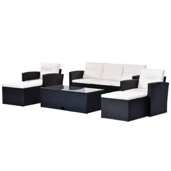 6pc Wicker Patio Conversation Set with Sofa, Arm Chairs, Ottomans & Coffee Table  - Black/Beige - GODEER image {6}