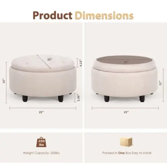 Round Fabric Storage Ottoman with Reversible Tray Lid &ndash; 3-in-1 Footrest, Hidden Storage, Small Coffee Table &ndash; 25&rdquo;x25&rdquo; image {1}