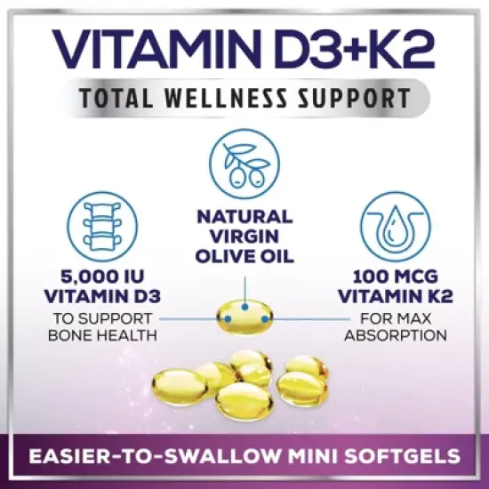 Vitamin D3 5000 IU with K2 100mcg - Complex Softgels Bone Teeth & Immune Support - 240 Softgels;120 Softgels image {2}