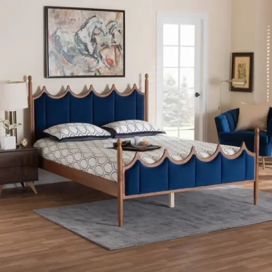 Baxton Studio Queen Calgary Velvet Fabric and Wood Platform Bed Royal Blue/Walnut Brown image {1}