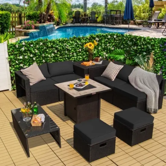 Tangkula 9 Pieces Outdoor PE Rattan Wicker Sectional Sofa with 42" Gas Fire Pit Table Space-Saving Patio Conversation Set with Storage Box Black/Grey/Navy/Red/Turquoise/Off White image {2}
