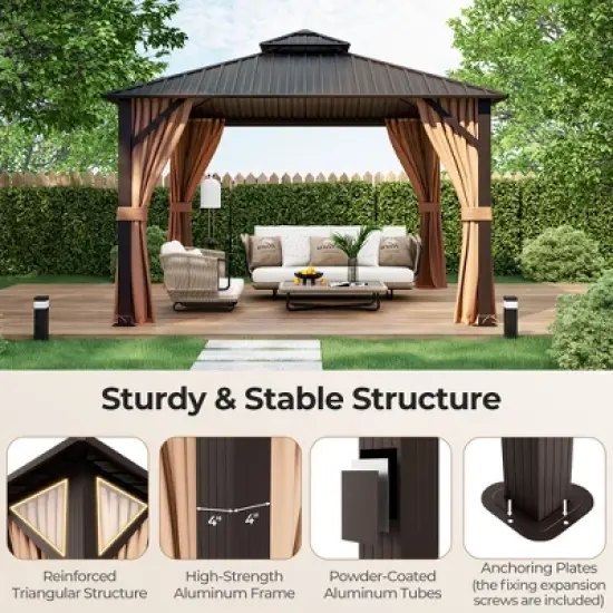 Tangkula 12' x 12' Double-Roof Hardtop Gazebo with Galvanized Steel Roof Netting Curtains image {3}