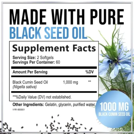 Premium Blackseed Oil 1000mg - Pure Nigella Sativa Black Seed with Thymoquinone & Vegan for Skin & Immune Support - 120 Softgels By Hello Lovely! image {1}