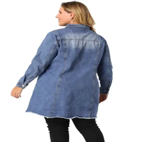 Agnes Orinda Women's Plus Size Long Sleeve Raw Hem Long Denim Jacket image {4}