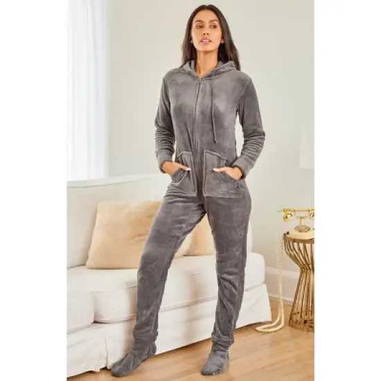 Women's Warm Fleece One Piece Hooded Footed Zipper Pajamas, Soft Adult Onesie Footie with Hood for Winter image {5}