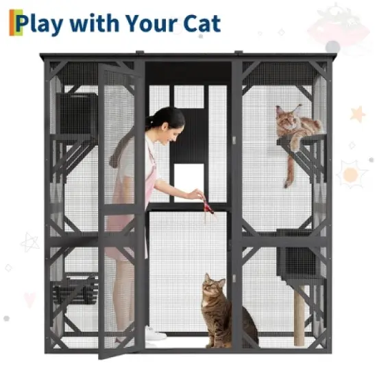 COZONY 70" Walk-in Window Catio Outdoor, Wooden Cat Enclosure with Platforms, Houses & Hammock image {6}
