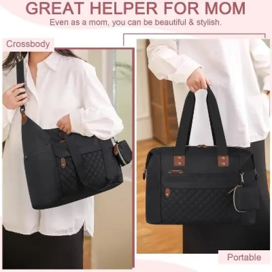 Itopfox Large Waterproof Diaper Bag Tote with Pacifier Case, Shoulder Straps & Stroller Clips for Moms and Dads, Black image {2}