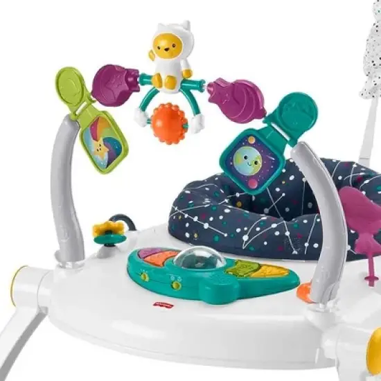 Fisher-Price AstroKitty SpaceSaver Jumperoo Adjustable Folding Baby Bouncer Activity Center w/Removable Seat Pad, Lights, Music, & Developmental Toys image {1}