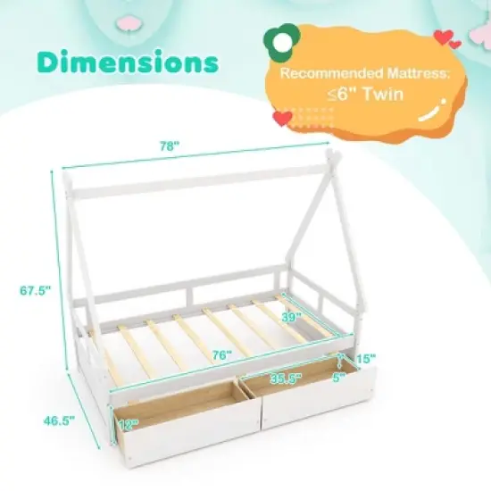 Costway Twin Size House Bed with Roof Safety Guardrail 2 Storage Drawers Wood Slat Support White image {2}