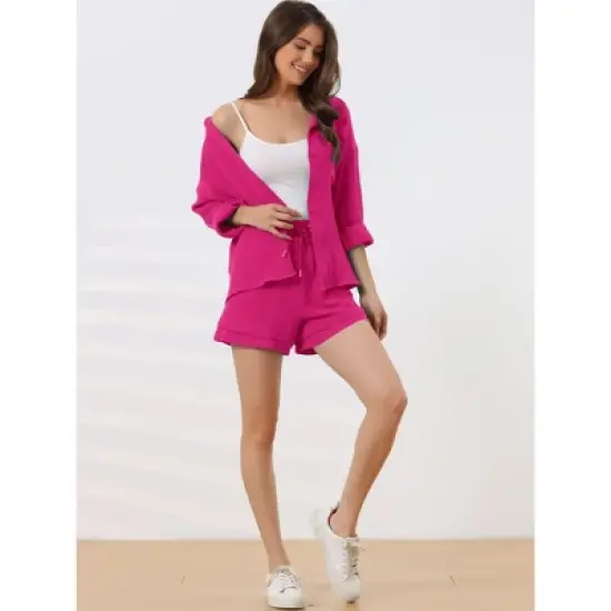 cheibear Women's Button Down Long Sleeve Sleepwear Shirt with Shorts Casual Lounge Sets image {1}