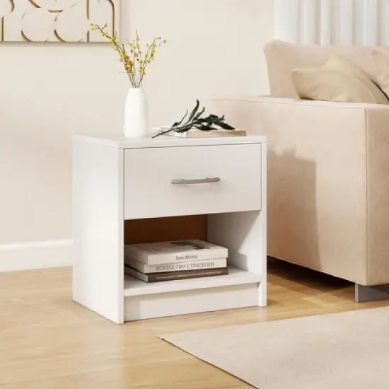 Costway Modern Nightstand Bedside Table with Drawer Open Storage Shelf for Small Spaces White image {3}
