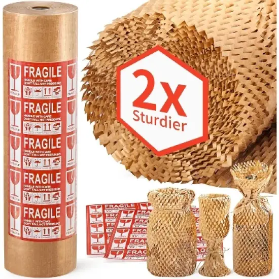 Attop Honeycomb Packing Paper, 15"x 213' Bubble Packing Wrap Wrapping Roll With 20 Fragile Sticker Labels image {9}