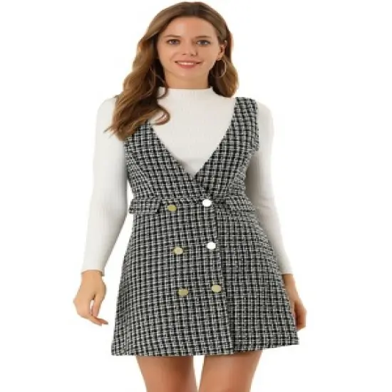 Allegra K Women's Elegant Vintage Button Front V Neck Plaid Tweed Overalls Pinafore Skirts image {9}