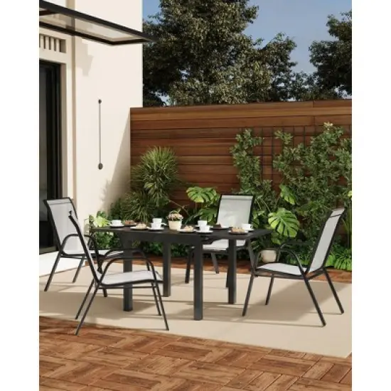 4 Set of Patio Stackable Chairs, Outdoor Stacking Dining Chairs, Leisure Recliner for Pools, Deck, Backyard, Grey Textile Metal Frame with armrests image {4}