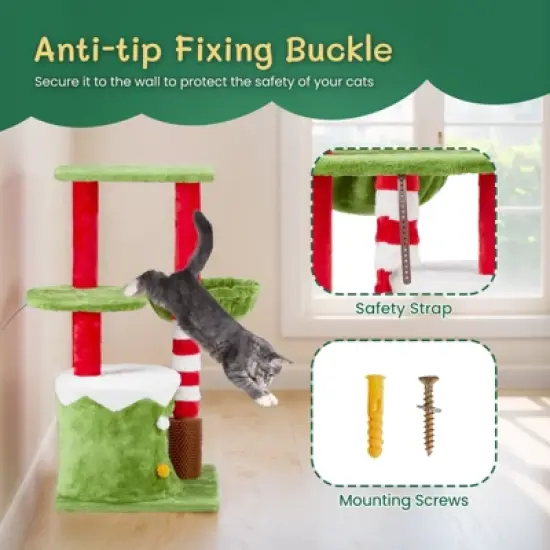 phiestina 32in Cat Scratching Posts Tower, Christmas Themed Plush Cat Tree with Hammock, Cat Massage Brush, Activity Center for Indoor Cats image {4}