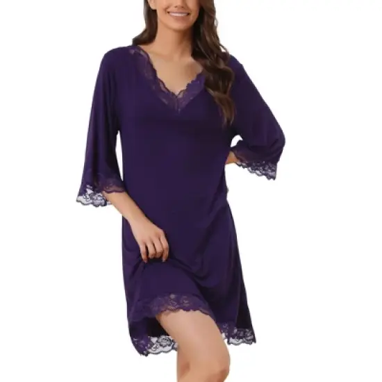 cheibear Women's Lace Modal Soft Half Sleeves One Piece Nightgown image {7}
