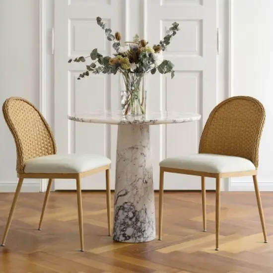 Rattan Dining Room Chair, Linen Dining Chair with Double Layer Rattan Back, Cane Dining Chair with Metal Legs - Maison Boucle image {1}