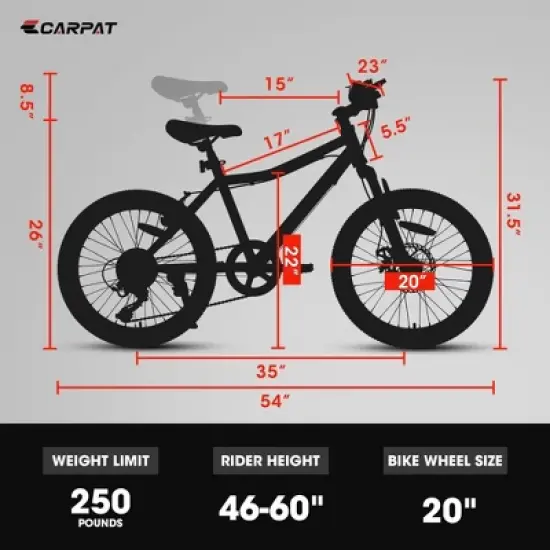 NAYSAYE Mountain Bike 20 Inch Bicycle 7 Speed with Front Suspension and Disc Brake Bikes For Adults and Kids, 54"*23"*31.5" image {4}