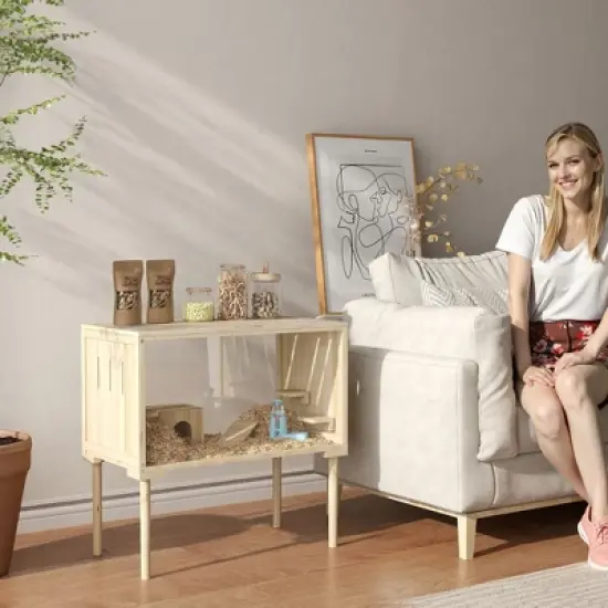 PawHut Wooden Hamster Cage with Legs, Gerbil Cage with Seesaw, Hut, Water Bottle & Food Dish, Hamster Habitat for Syrian, Dwarf, Mouse, Nature Wood image {1}