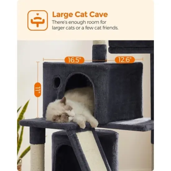 Feandrea Cat Tree, Cat Tower with 2 Cat Caves, Hammock, 61 Inches, Cat Activity Center with Scratching Posts and Board, Smoky Gray image {2}