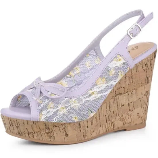 Allegra K Women's Wood Platform Heels Bow Lace Wedge Sandals image {13}