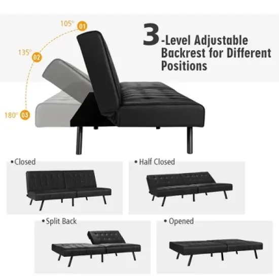 Costway Futon Sofa Bed PU Leather Convertible Folding Couch Sleeper Lounge White/Black/Grey image {6}